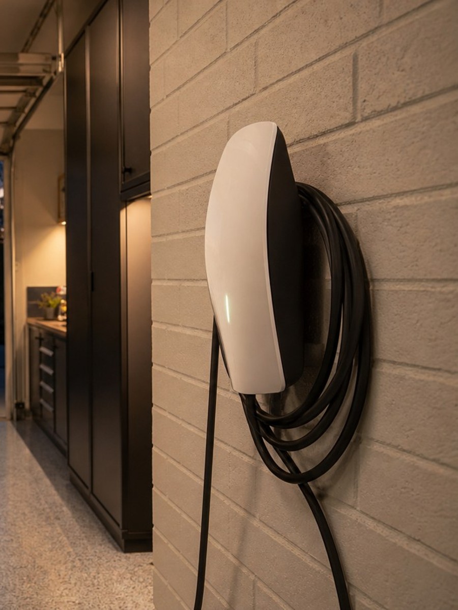 Tesla home EV charger installed on a garage wall